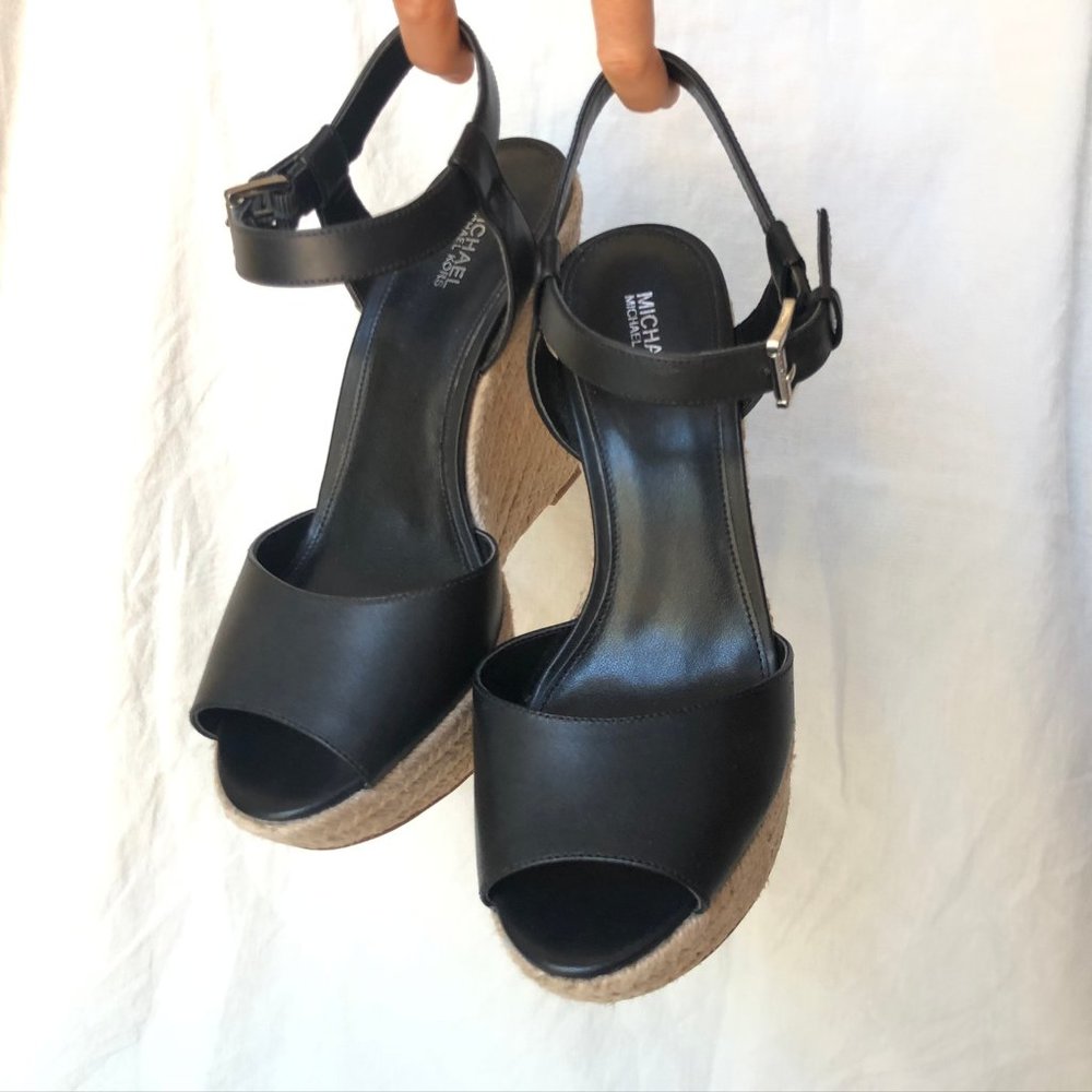 Michael Kors Carlyn Black Leather Espadrille Wedge